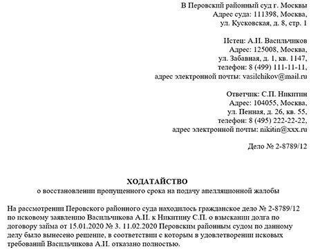Основные компоненты заявления о восстановлении пропущенного срока