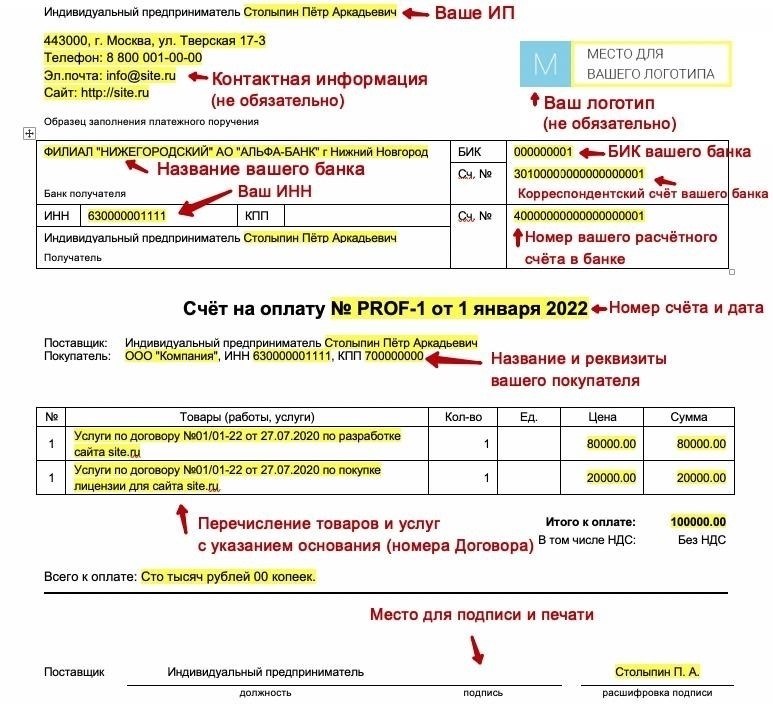 Данные банковского счета: Номер вашего счета для установления порядка оплаты.